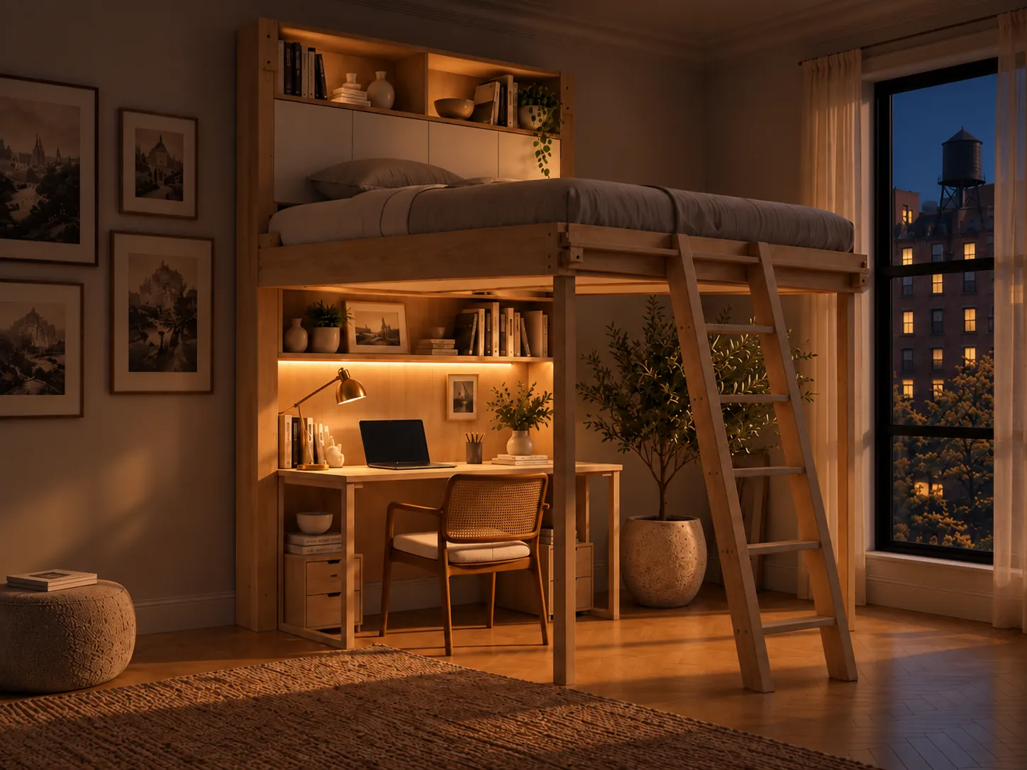 The same NYC studio at night with the ceiling bed lowered above the desk