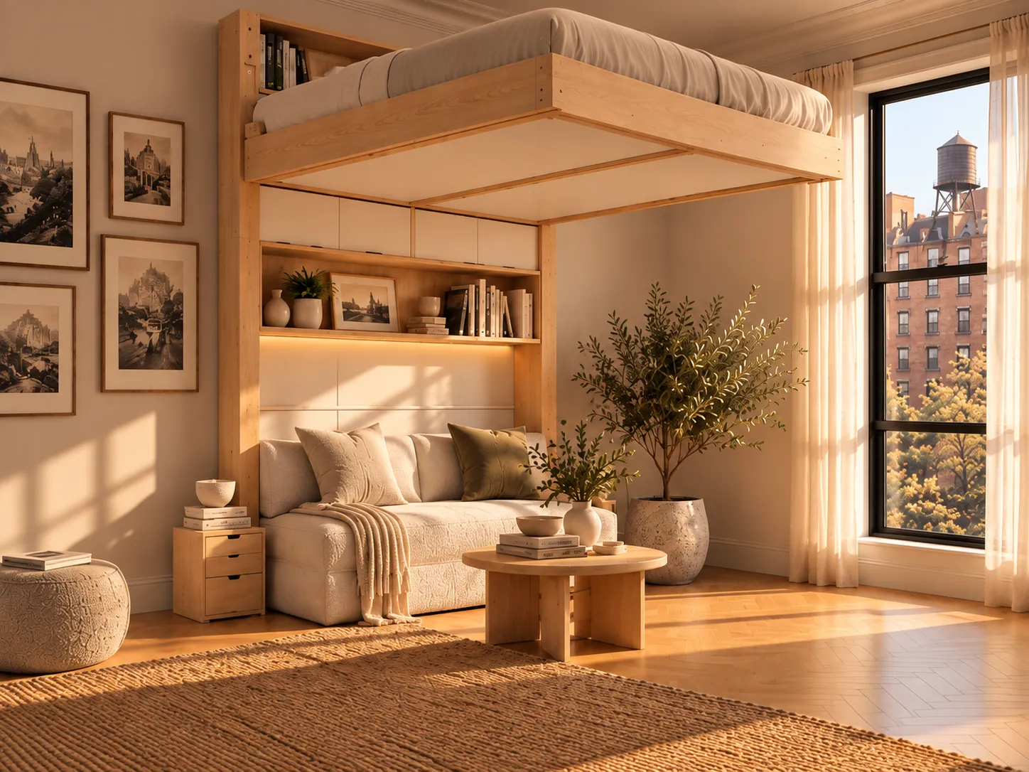 Cloud ceiling bed raised above a sofa — a Murphy bed alternative