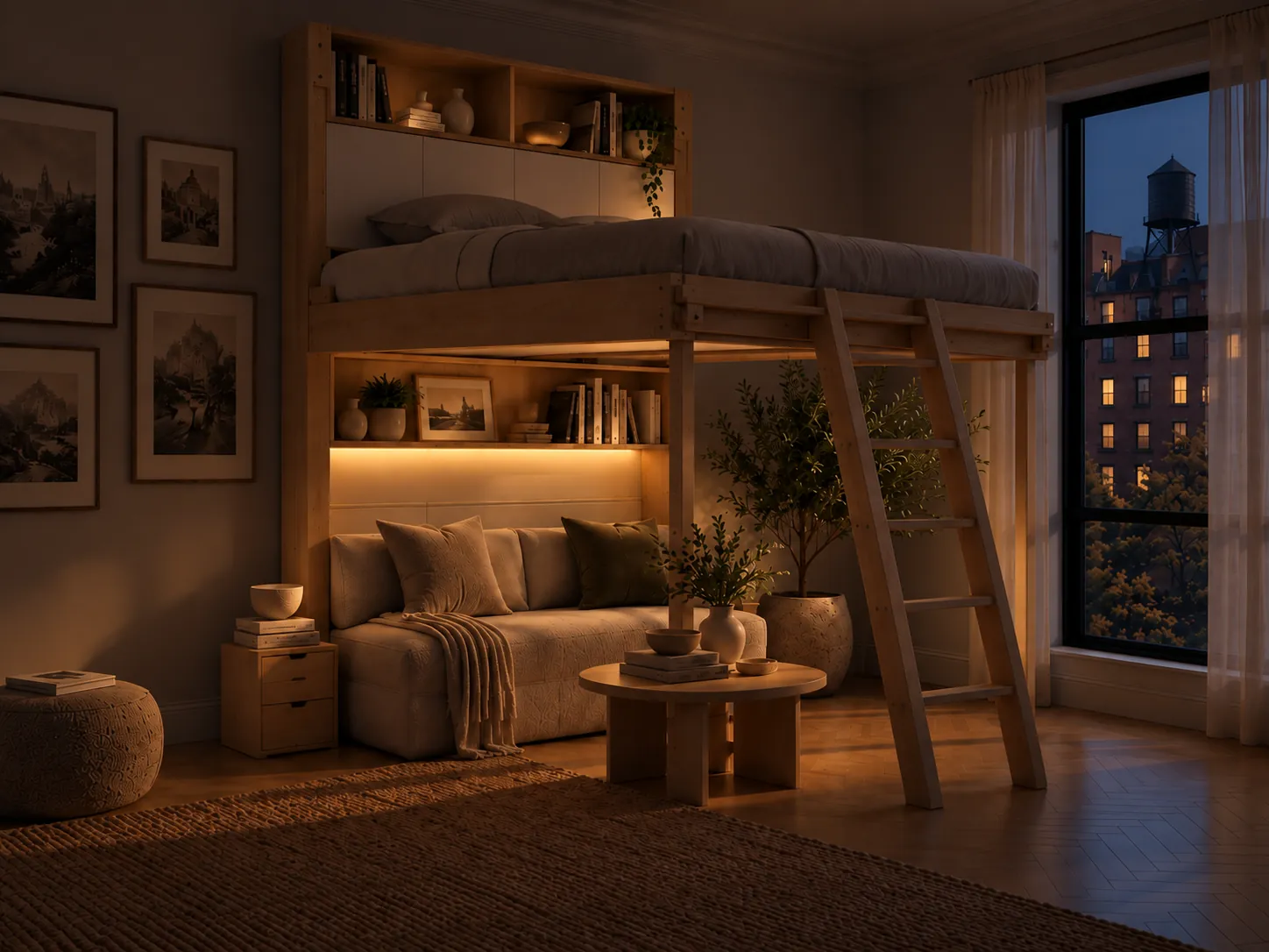 Cloud ceiling bed lowered over the sofa at night