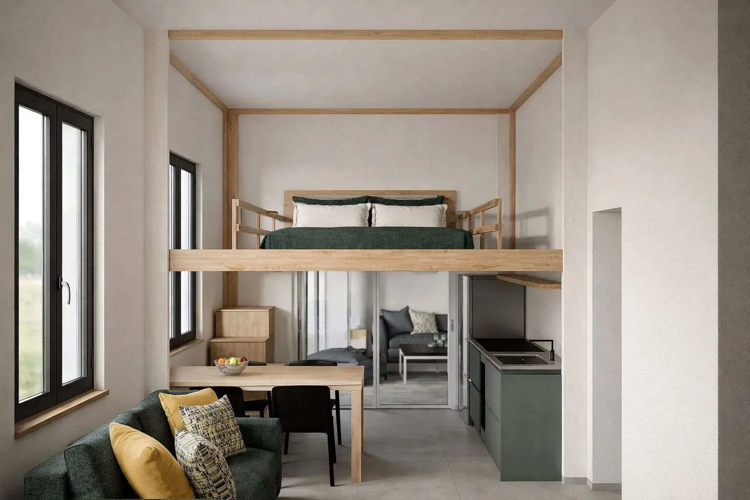 Rising loft bed lowered for sleeping in a studio apartment