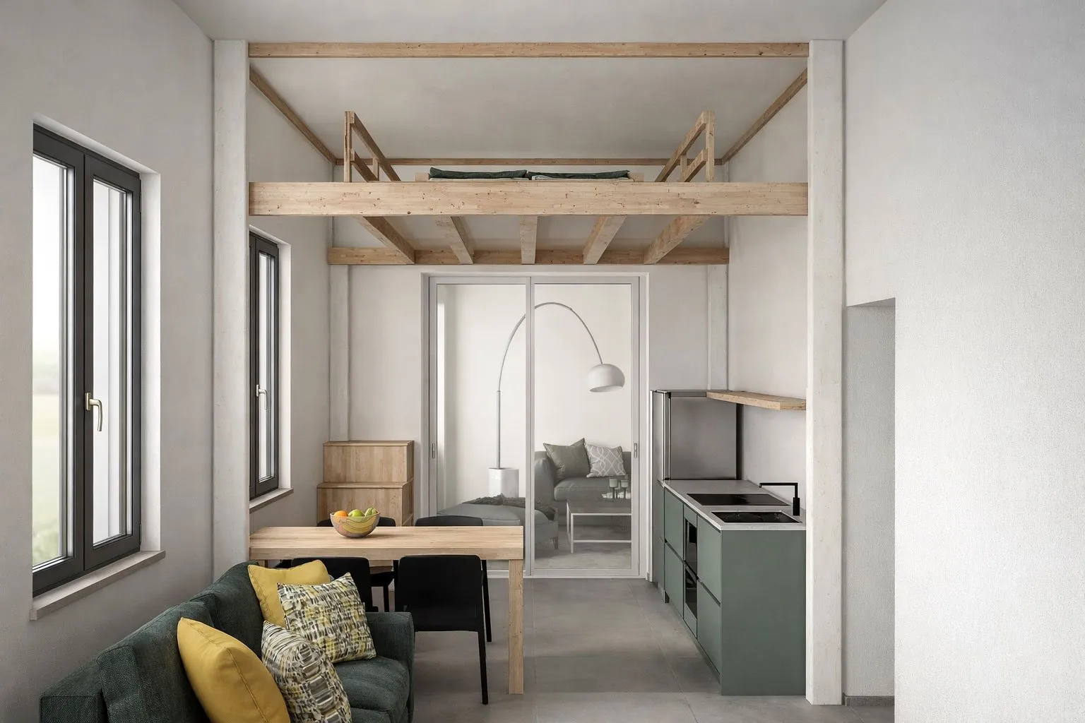 Rising height-adjustable loft bed above a studio apartment kitchen