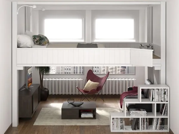 White Rising loft bed lowered, built wall to wall