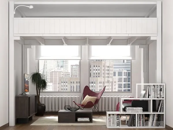 White Rising loft bed raised, built wall to wall